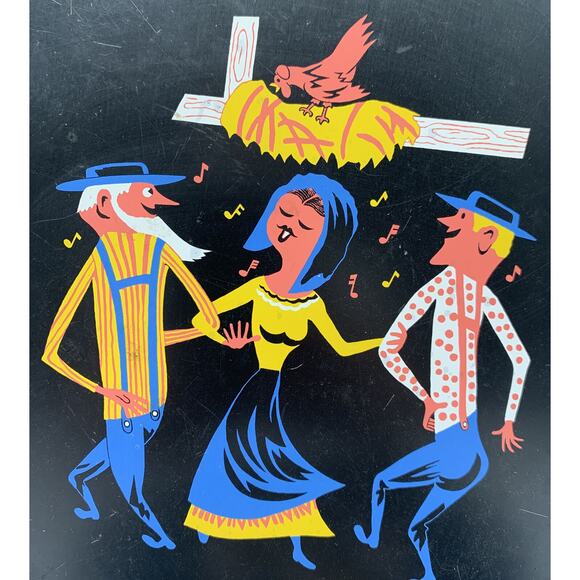 Folk Art Amish Barn Dance Hand Painted Metal Tray Vintage MCM 2 Read - Picture 2 of 7